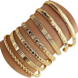 Gold Bangle Bracelets For Women, 14k Gold Plated Multi Layer Stackable Cuff Bracelet Set, Trendy Elegance Charms Non Tarnish Minimalist Textured Boho Jewelry Gift for Women