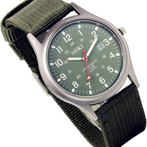 Analog Quartz Watch with Woven Nylon Band Calendar Luminous Hand Military Time 24H (Army Green) for Christmas